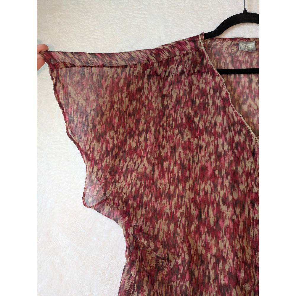 Converse One Star Women Medium Burgundy Abstract Ikat Sheer Chiffon Blouse Top - Picture 3 of 8